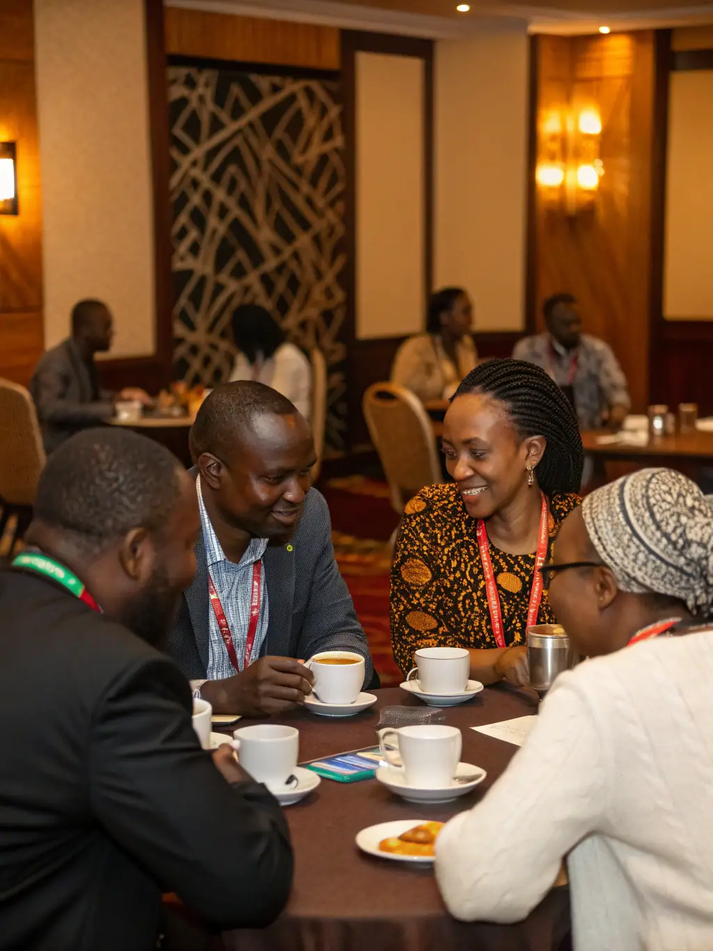 A networking event with South African executives connecting and building relationships over coffee and refreshments.