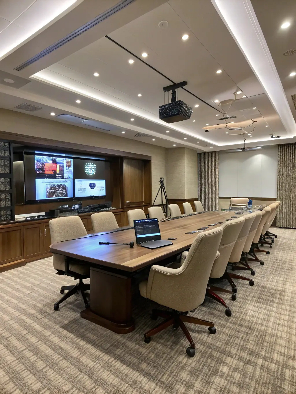 A photograph of a conference room setup, empty, awaiting attendees, with chairs neatly arranged and a projector screen visible, symbolizing the start of a session.