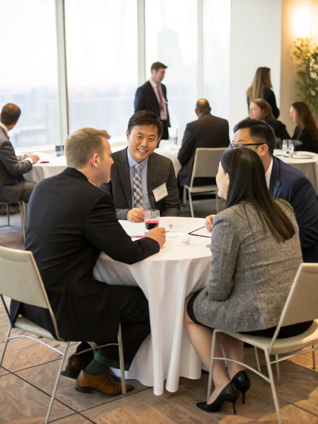 A photograph of a networking lunch at a conference, with attendees mingling and engaging in conversations over food and drinks.